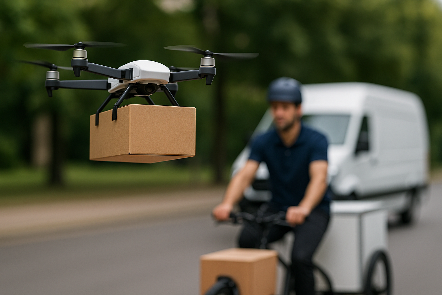  Drone de livraison transportant un colis au-dessus d’une route urbaine