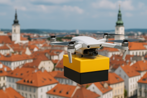 Hub logistique moderne avec drones et véhicules électriques