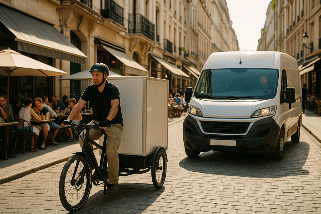 Vélo-cargo et camion effectuant des livraisons estivales en centre-ville
