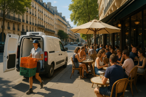 Livreuse déchargeant un camion frigorifique devant la terrasse d’un restaurant en ville
