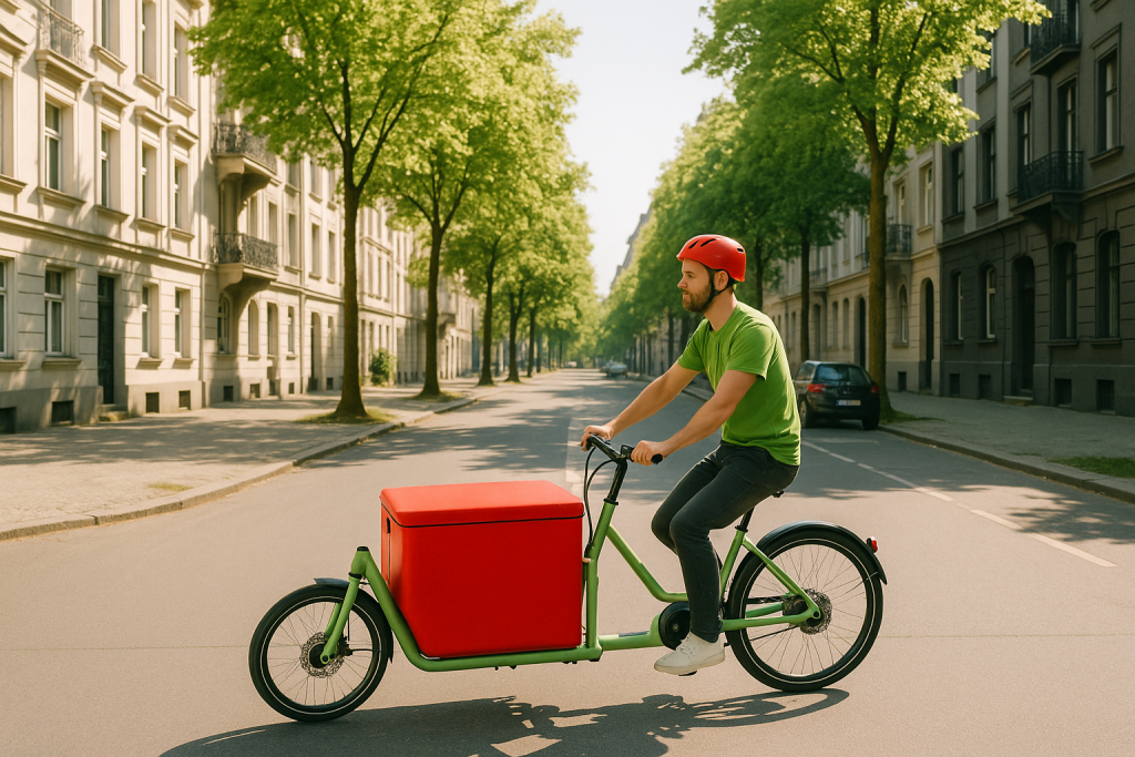Livreur en vélo-cargo dans une rue calme bordée d’arbres